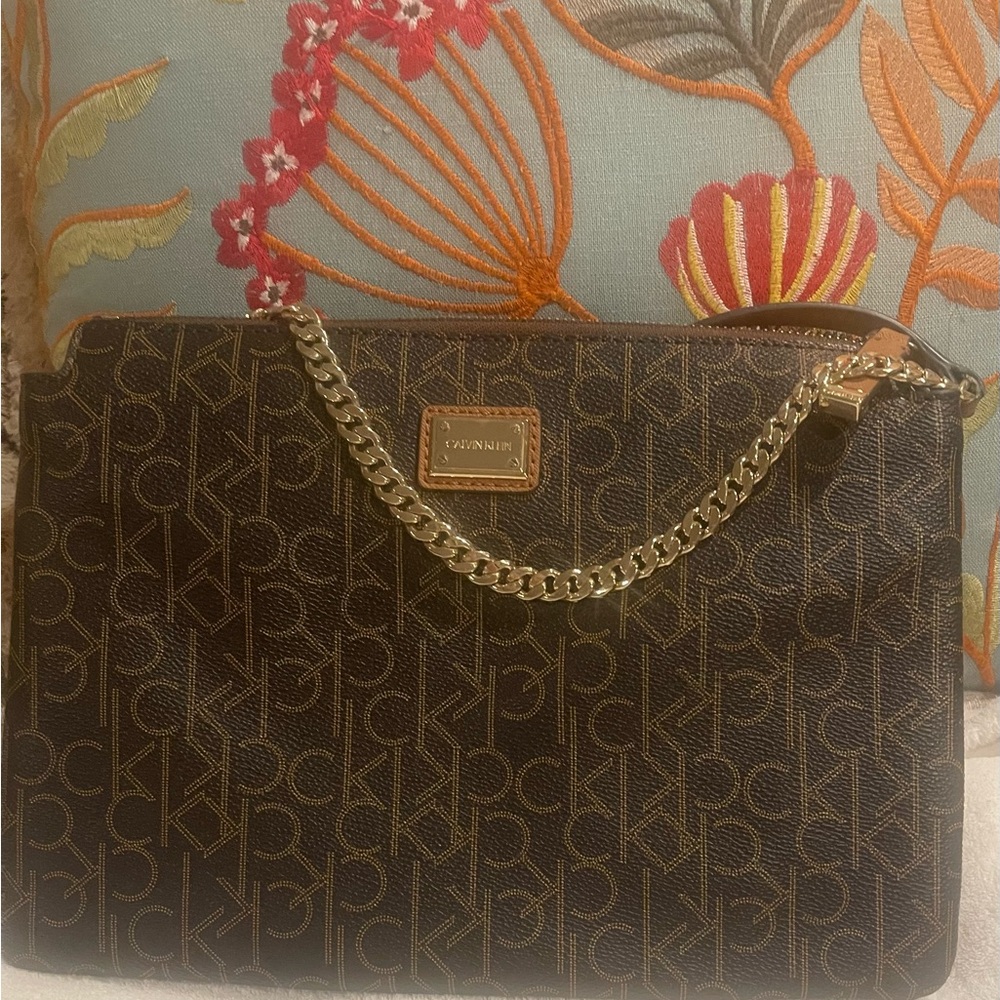 Calvin Klein Brown Shoulder Bag with Gold Chain